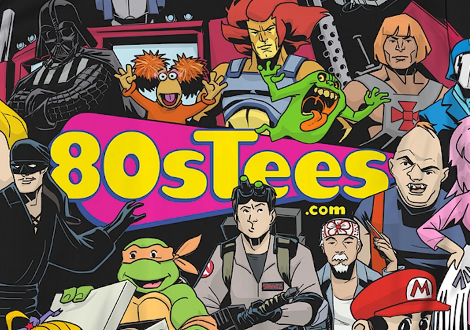 80sTees logo with classic 80s movie and TV characters around it.