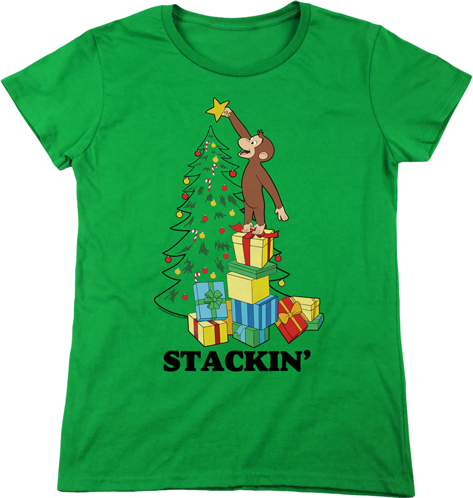 Womens Stackin' Curious George Christmas Shirt