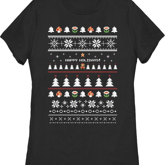 Black Womens Happy Holidays Faux Xmas Sweater Super Mario Bros. Shirt