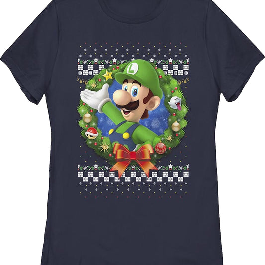 Womens Luigi Faux Ugly Christmas Sweater Nintendo Shirt