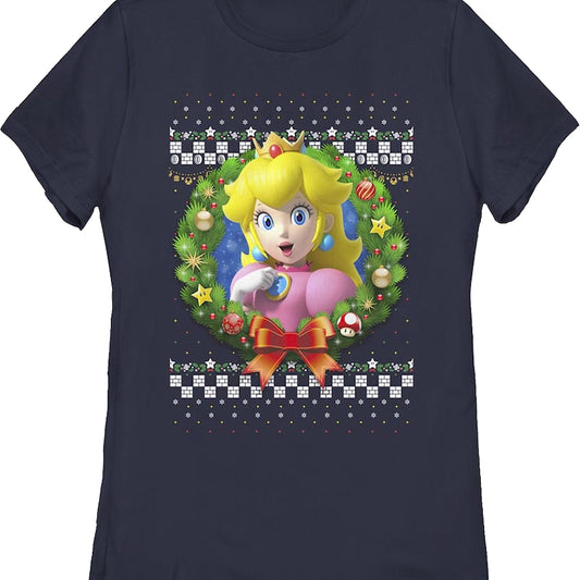 Womens Princess Peach Christmas Wreath Super Mario Bros. Shirt