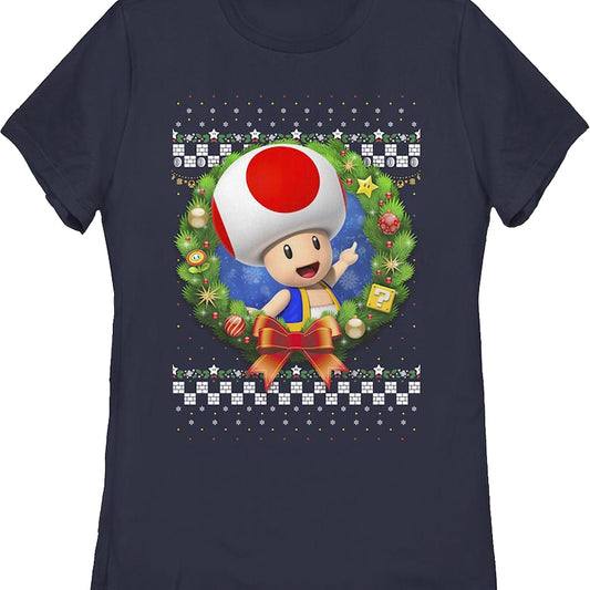 Womens Toad Christmas Wreath Super Mario Bros. Shirt